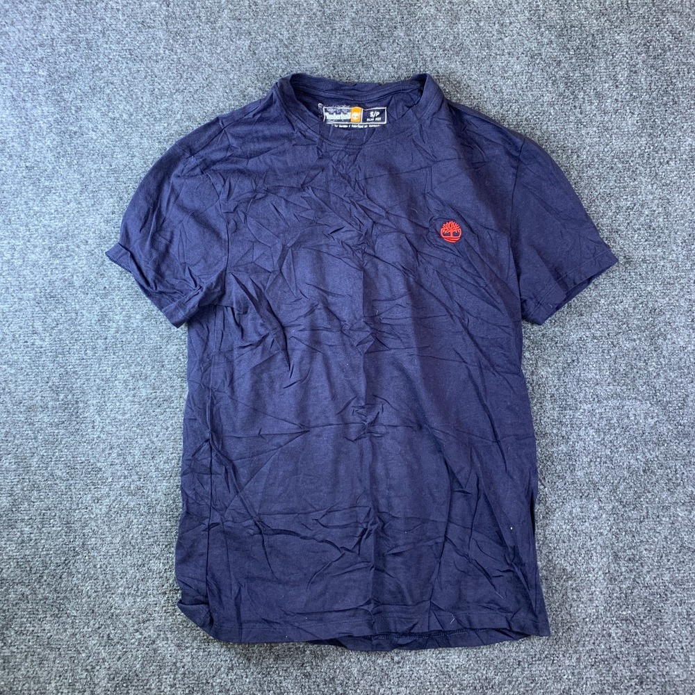 Timberland T Shirt Mens Small Navy Blue Embroidered Tree Logo Slim Fit Crew Neck